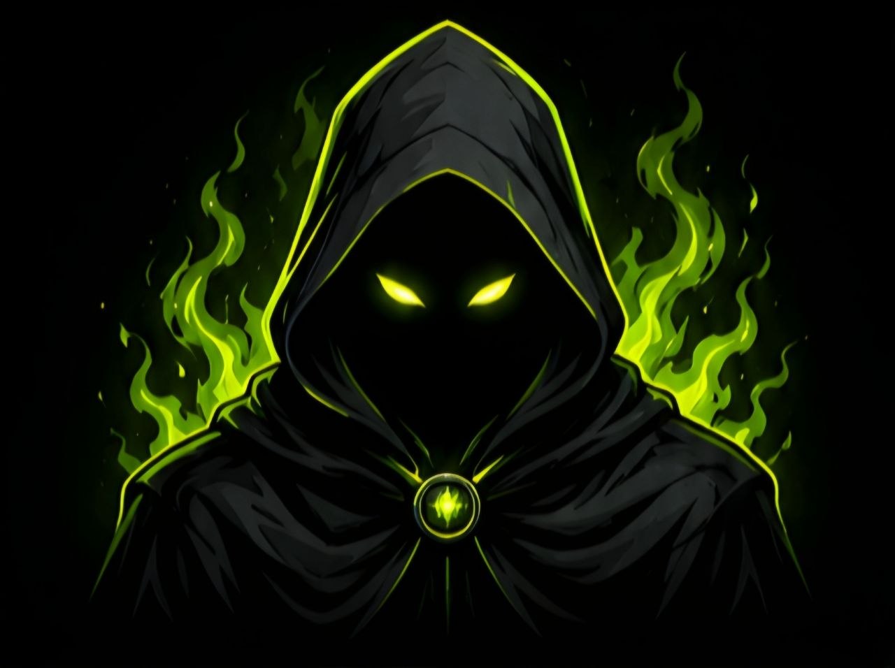 A hooded figure with glowing eyes